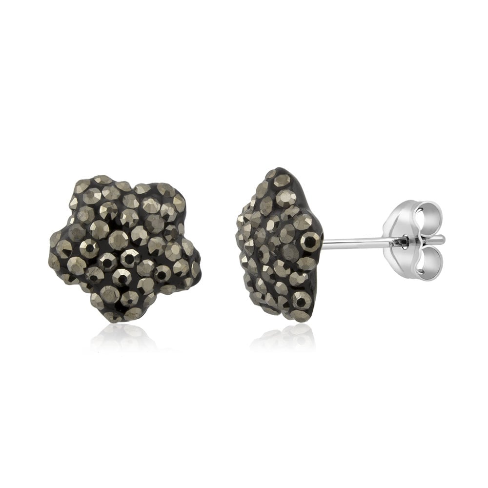 Sterling Silver 10mm Flower Jet Black Crystal Stud Earrings Image 1