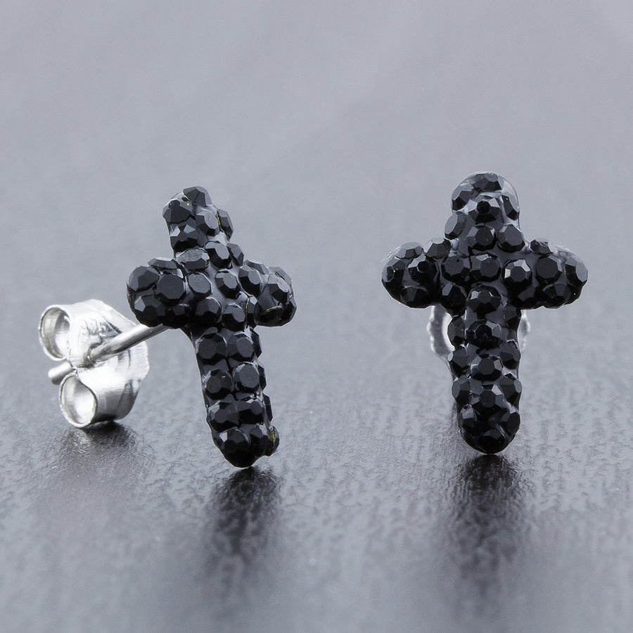 Sterling Silver 10mm Cross Jet Black Crystal Stud Earrings Image 1