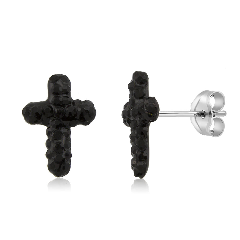 Sterling Silver 10mm Cross Jet Black Crystal Stud Earrings Image 4