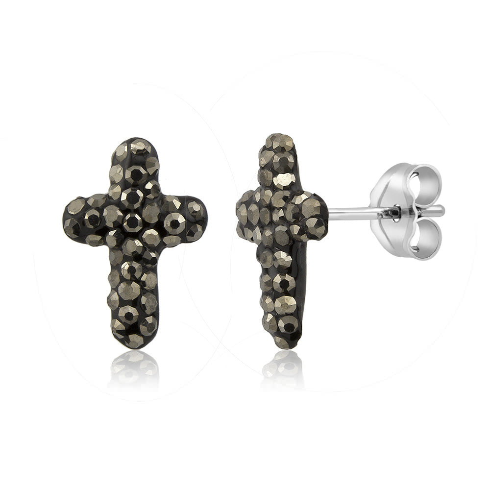 Sterling Silver 10mm Cross Jet Black Crystal Stud Earrings Image 2