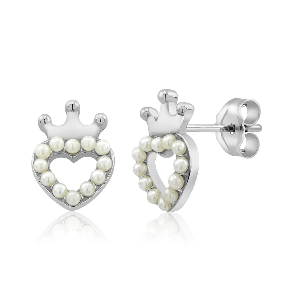 Sterling Silver Crowned Heart Freshwater Pearl Stud Earrings Image 1