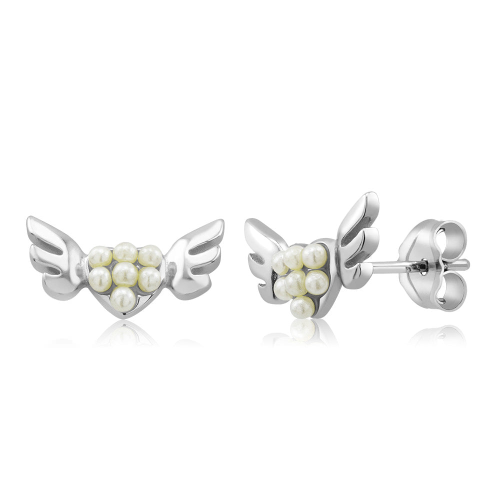 Sterling Silver Winged Heart Freshwater Pearl Stud Earrings Image 1