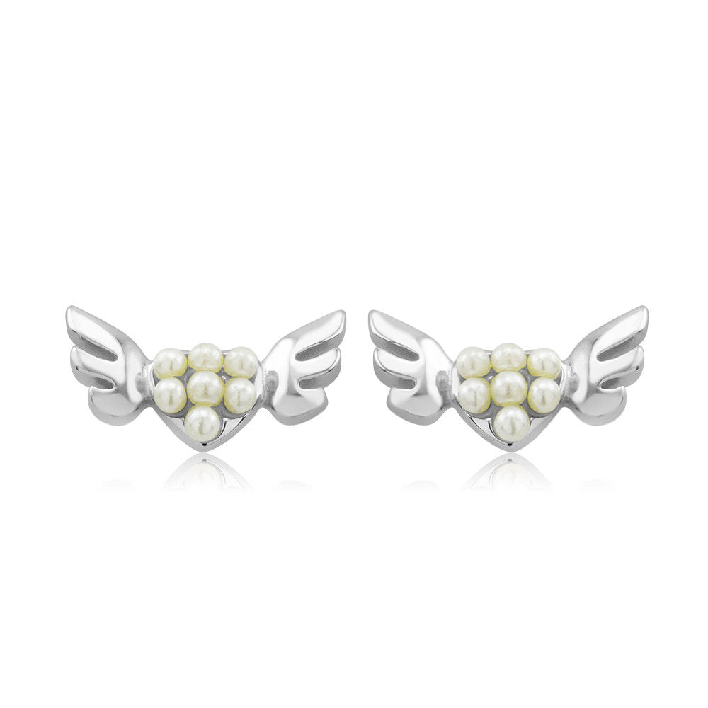 Sterling Silver Winged Heart Freshwater Pearl Stud Earrings Image 3