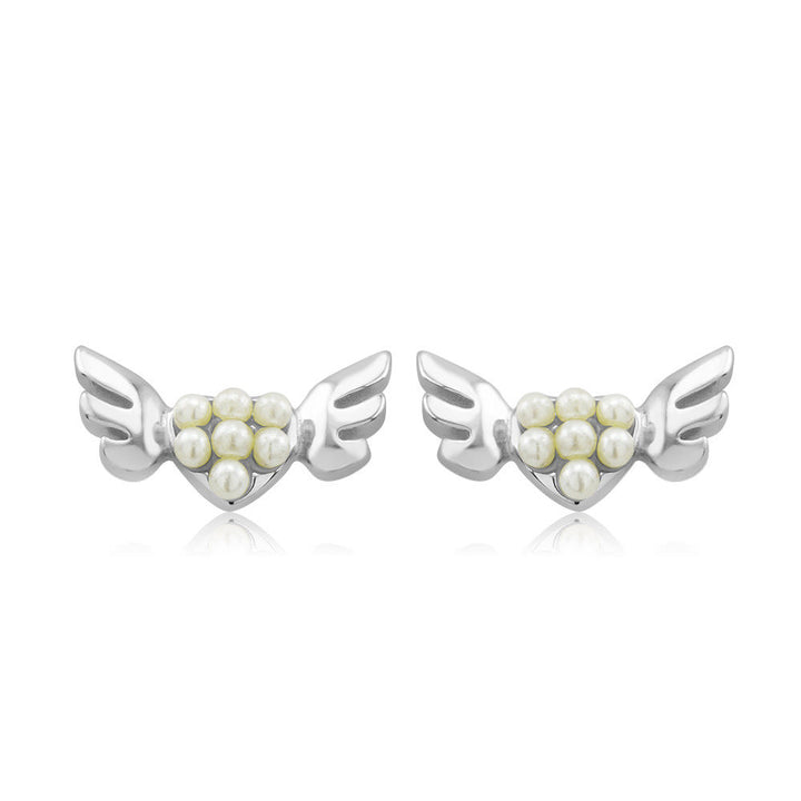 Sterling Silver Winged Heart Freshwater Pearl Stud Earrings Image 3