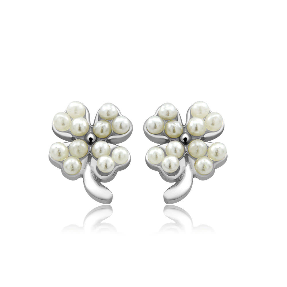 Sterling Silver Clover Freshwater Pearls Stud Earrings Image 3