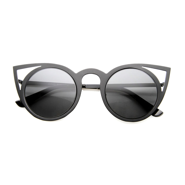 Womens High Fashion Full Round Metal Cut-Out Cat Eye Frame Sunglasses 9788 Image 2