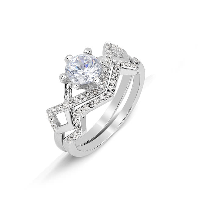 Sterling Silver CZ Zigzag Engagement Ring Set Image 1