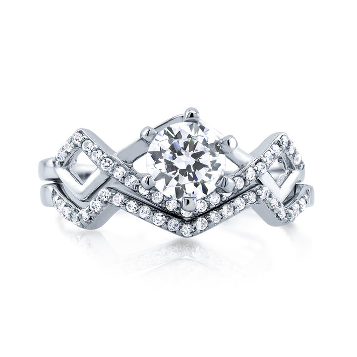 Sterling Silver CZ Zigzag Engagement Ring Set Image 2