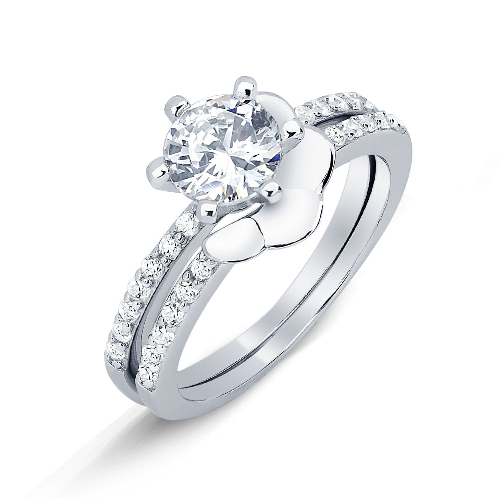 Sterling Silver CZ Interlocking Flower Engagement Ring Set Image 1