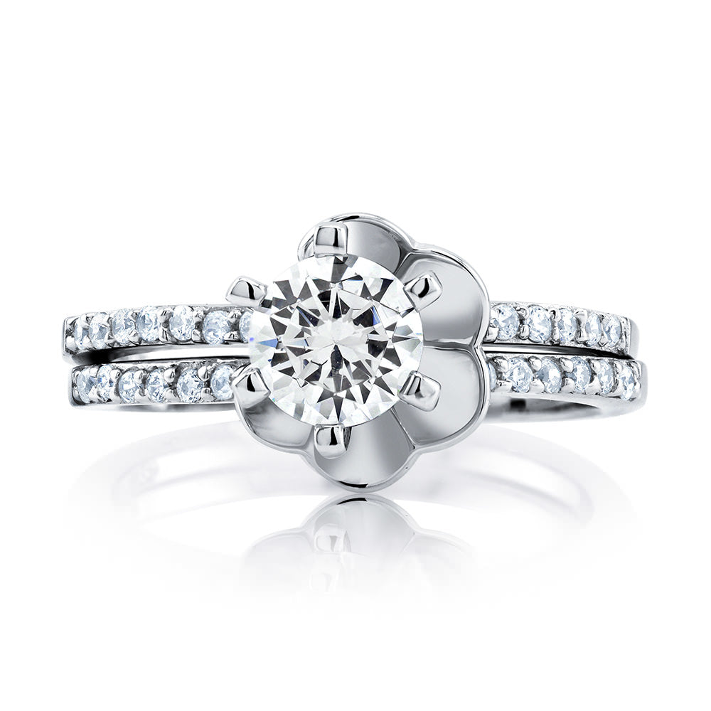 Sterling Silver CZ Interlocking Flower Engagement Ring Set Image 2