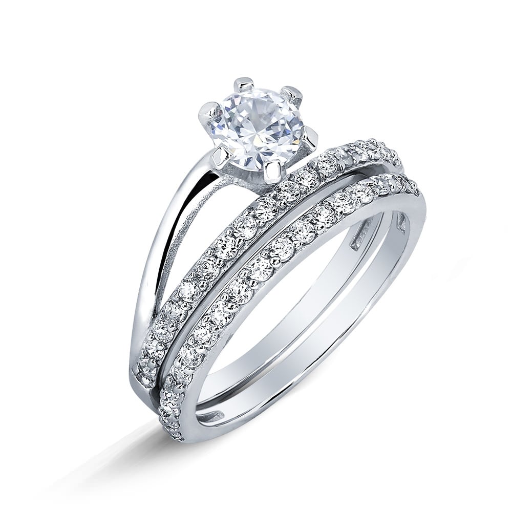 Sterling Silver CZ Double Row Engagement Ring Set Image 1