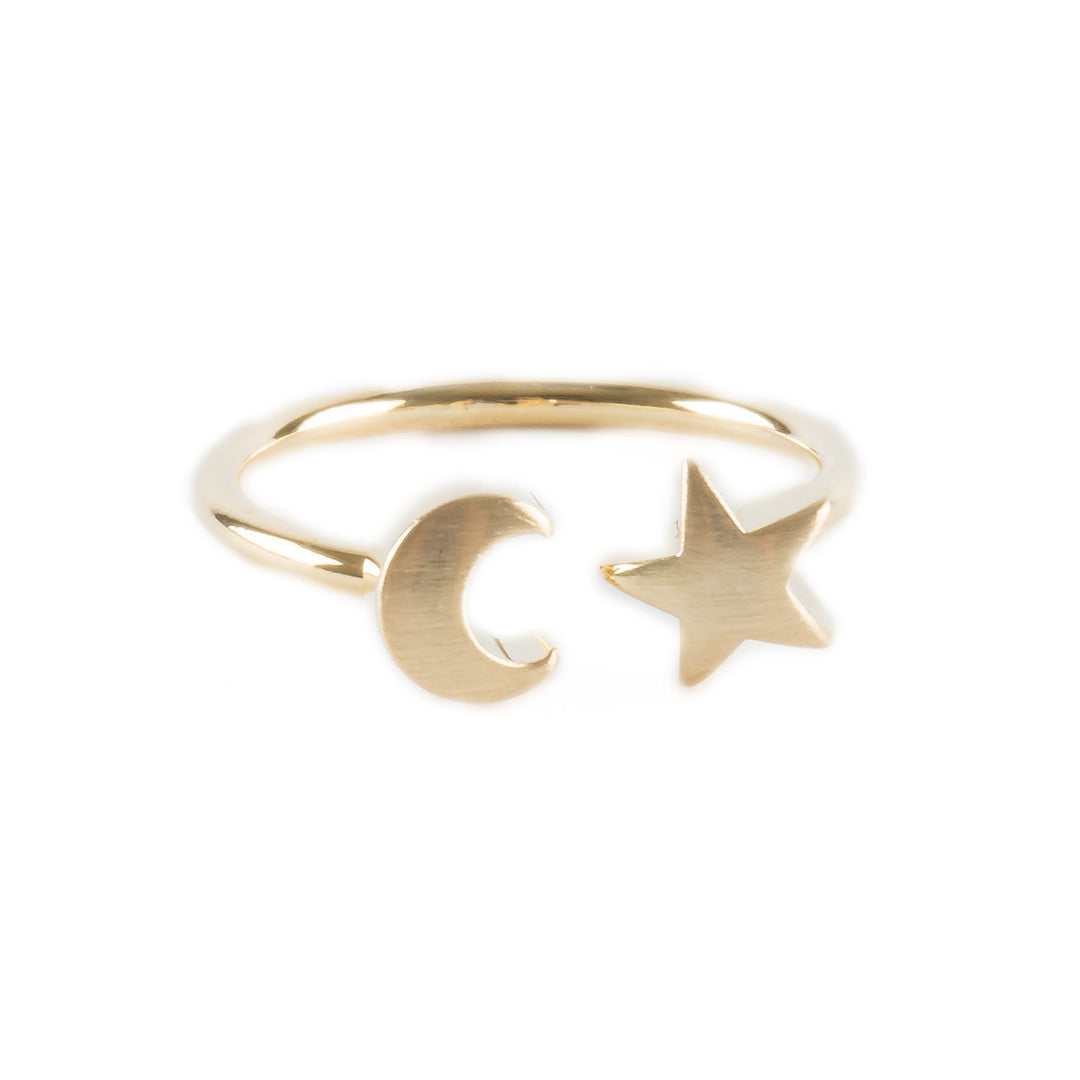 Crescent Moon and Star Duo Gold Plated Semi-Matte Open Simple Adjustable Fantasy Ring Image 1