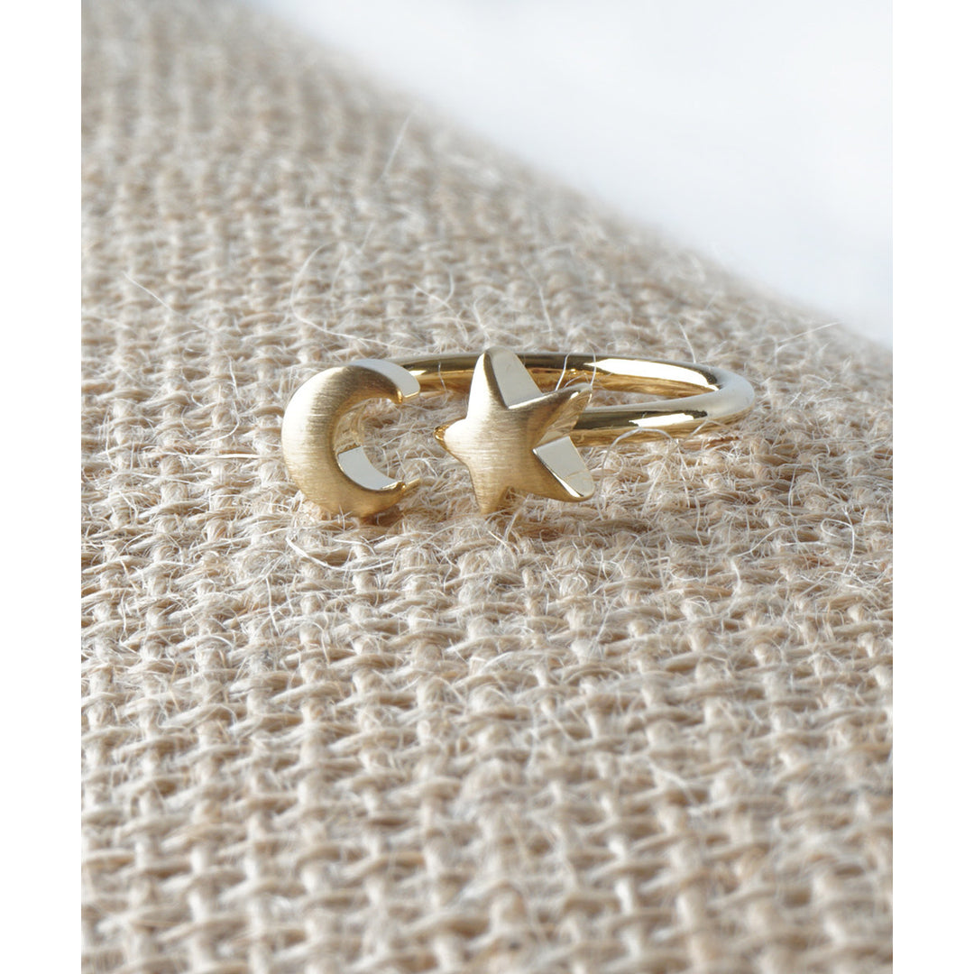 Crescent Moon and Star Duo Gold Plated Semi-Matte Open Simple Adjustable Fantasy Ring Image 2