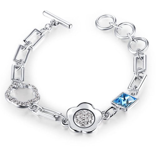 Rose Gold Or Silver Tone Finish Charm Bracelet With White And Baby Blue/Rosie Pink Zirconia Crystals Toggle Style Image 1