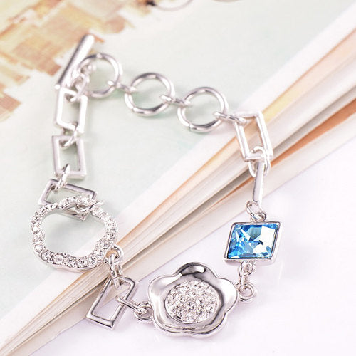 Rose Gold Or Silver Tone Finish Charm Bracelet With White And Baby Blue/Rosie Pink Zirconia Crystals Toggle Style Image 3