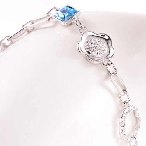 Rose Gold Or Silver Tone Finish Charm Bracelet With White And Baby Blue/Rosie Pink Zirconia Crystals Toggle Style Image 4