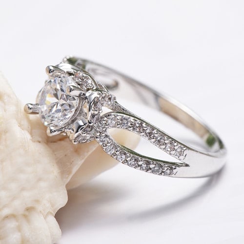 Round Cut Center Crystal On Split Shank Setting With Pave Crystals Engagement / Promise Ring Image 1