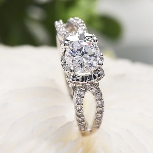 Round Cut Center Crystal On Split Shank Setting With Pave Crystals Engagement / Promise Ring Image 2