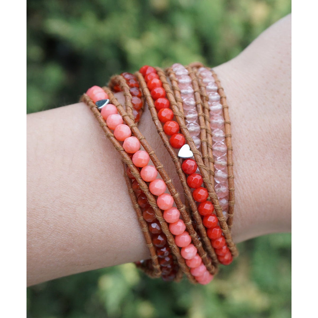 Pretty in Pink Agate Stone Bead Bracelet With Heart Accents Genuine Leather Arm Candy Wrap Bracelet 3 Wrap 23in Image 4