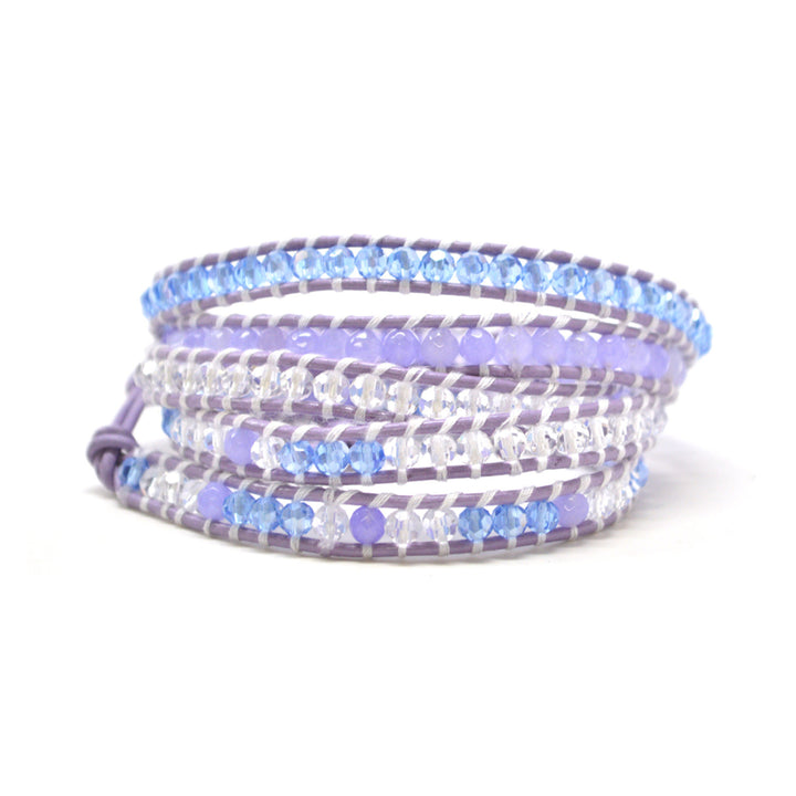 HOLIDAY CLEARANCE SALE! The Hydrangea Fields - 34" Lavender Light Blue and Clear Beaded Purple Leather Wrap Bracelet Image 1