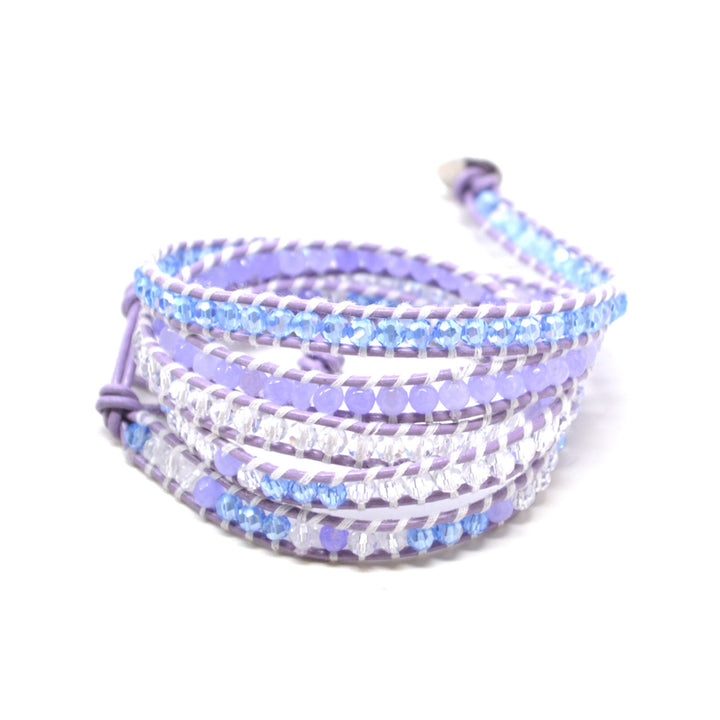 HOLIDAY CLEARANCE SALE! The Hydrangea Fields - 34" Lavender Light Blue and Clear Beaded Purple Leather Wrap Bracelet Image 2