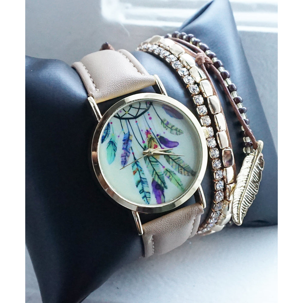 Dreamcatcher Nude Beige Gold Tone Watch with Matching Charm and Feather Bracelets Image 2