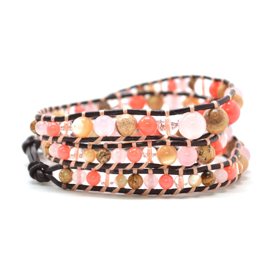 HOLIDAY CLEARANCE SALE! The Pink Sands Bahamas - 23" Coral Clear Opal Pink and Sand Tone Beaded Brown Leather Wrap Image 1