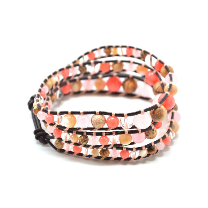 HOLIDAY CLEARANCE SALE! The Pink Sands Bahamas - 23" Coral Clear Opal Pink and Sand Tone Beaded Brown Leather Wrap Image 2