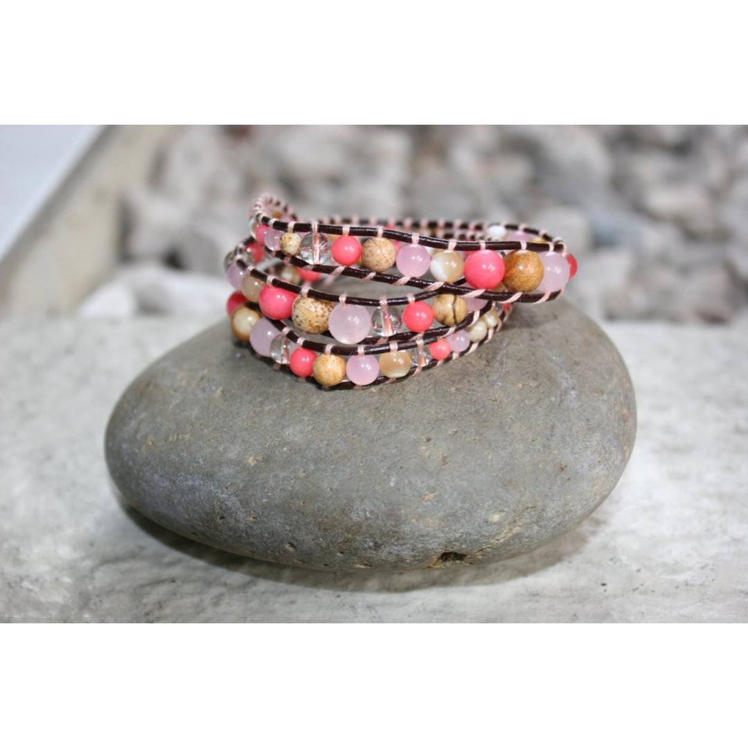 HOLIDAY CLEARANCE SALE! The Pink Sands Bahamas - 23" Coral Clear Opal Pink and Sand Tone Beaded Brown Leather Wrap Image 3