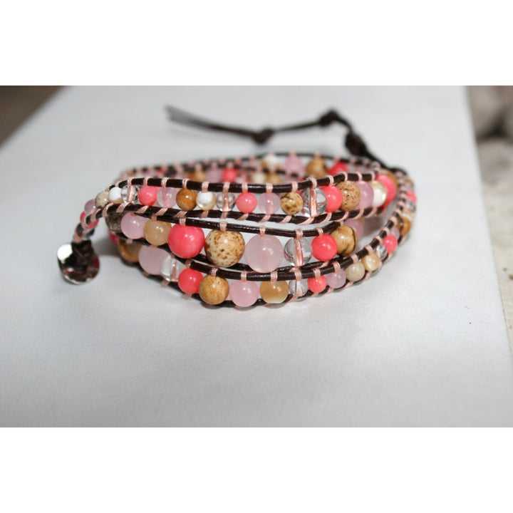 HOLIDAY CLEARANCE SALE! The Pink Sands Bahamas - 23" Coral Clear Opal Pink and Sand Tone Beaded Brown Leather Wrap Image 4