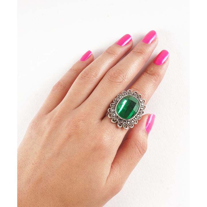 Vintage Style Ring with Faux Emerald Stone set in a Silver Plated Ring Image 2
