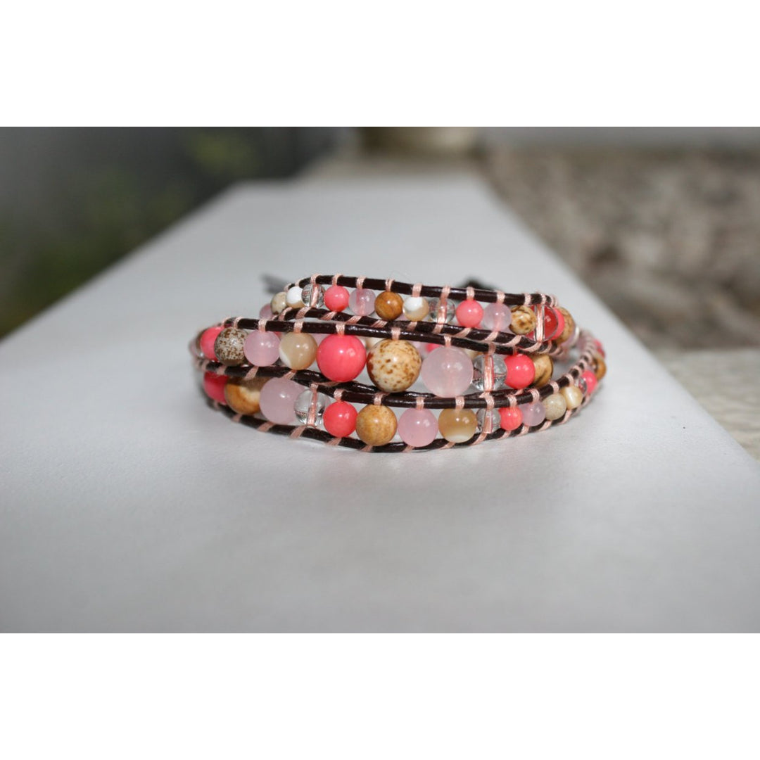 HOLIDAY CLEARANCE SALE! The Pink Sands Bahamas - 23" Coral Clear Opal Pink and Sand Tone Beaded Brown Leather Wrap Image 4