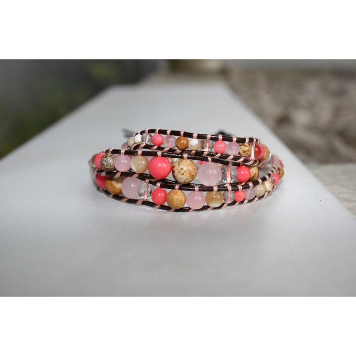 HOLIDAY CLEARANCE SALE! The Pink Sands Bahamas - 23" Coral Clear Opal Pink and Sand Tone Beaded Brown Leather Wrap Image 4