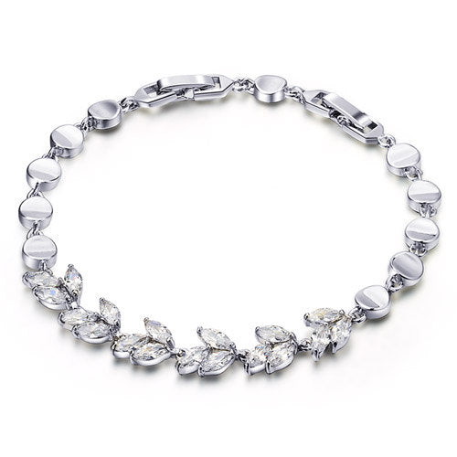 18K White Gold Plated Leaf Bracelet With Zirconia Crystals Image 1