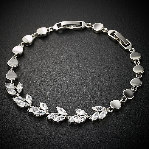 18K White Gold Plated Leaf Bracelet With Zirconia Crystals Image 2