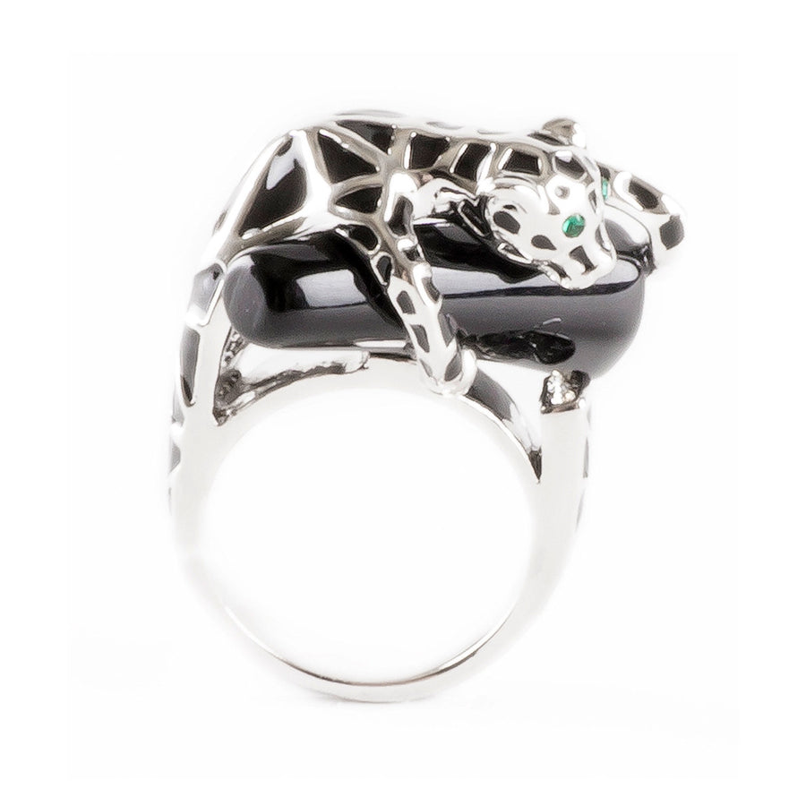 Black Onyx Inspired Gem Cartier Leopard Silver Tone Fashion Statement Ring Image 1