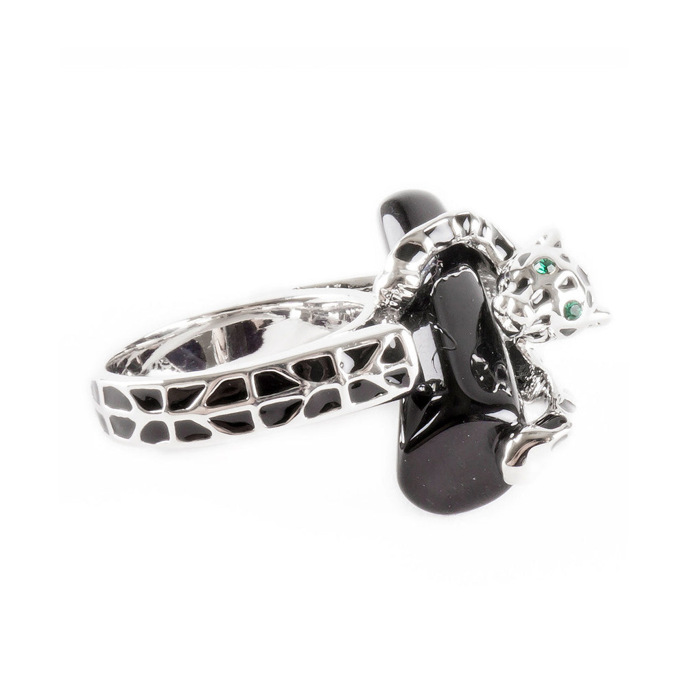 Black Onyx Inspired Gem Cartier Leopard Silver Tone Fashion Statement Ring Image 2