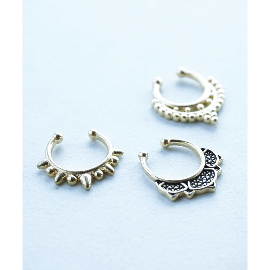 Gold Tone Simple Studs and Tribal Ethnic Inspired Design Faux Fake Septum Clip On Nose Ring SET OF THREE Image 1