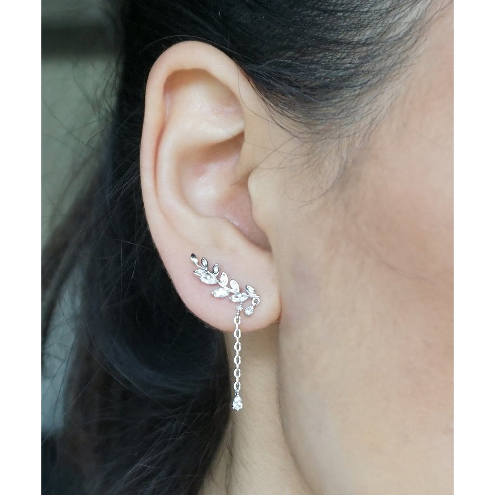 Small Elegant Crystal 2 in 1 Leaf And Vine Crawler Dangle Earring with Ear Stud Image 2