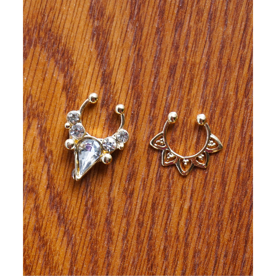 Silver or Gold Teardrop Crystal Faux Septum Clip on Nose Ring Set of Two Image 4