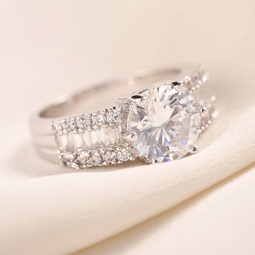 Gold Plated Round Cut Center Crystal With Pave Crystals and Baguettes Engagement/Promise Ring Image 3