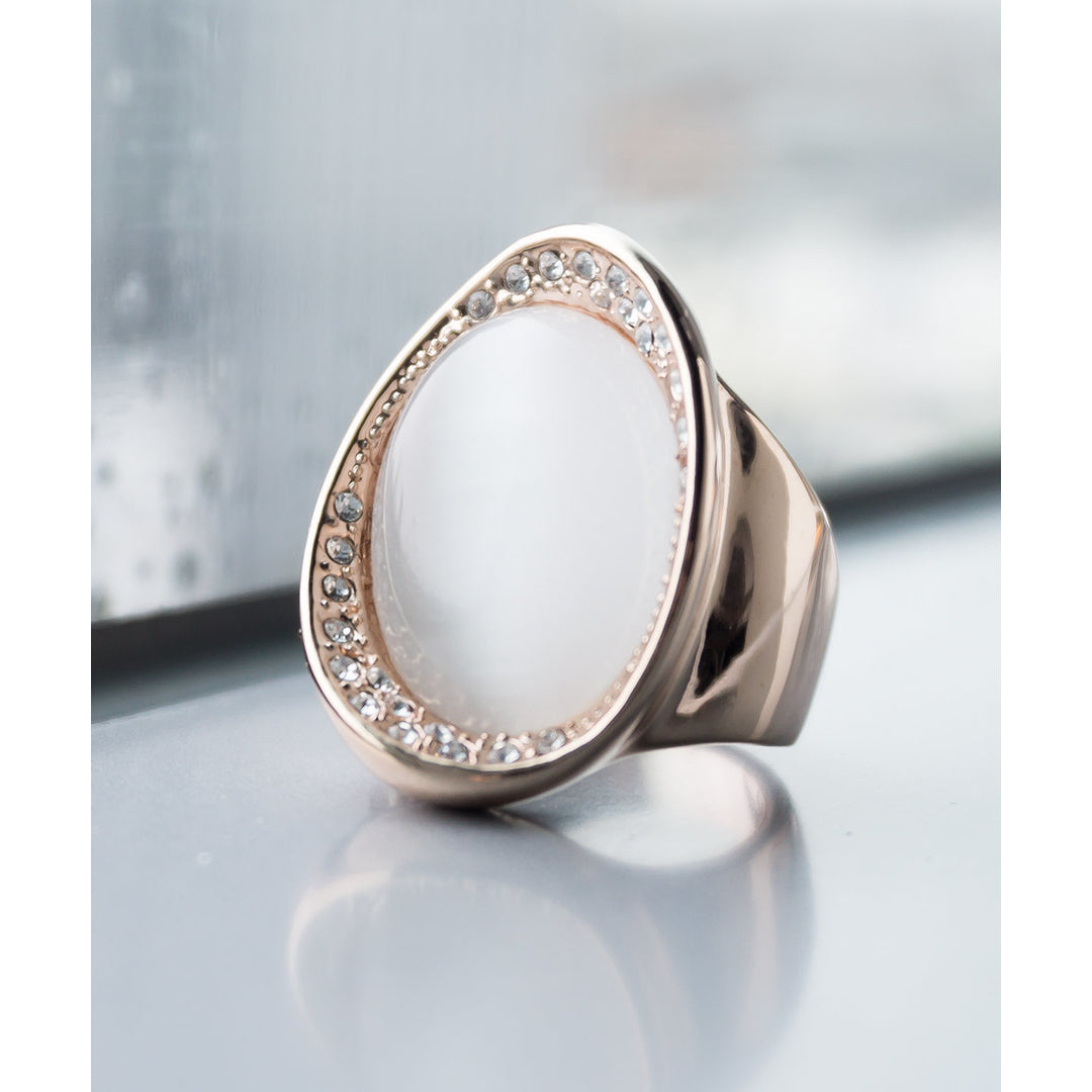 Large Oval Moonstone Set in a Wide Rose Gold Plated Band with Pave Rhinestone Cocktail Ring Image 1