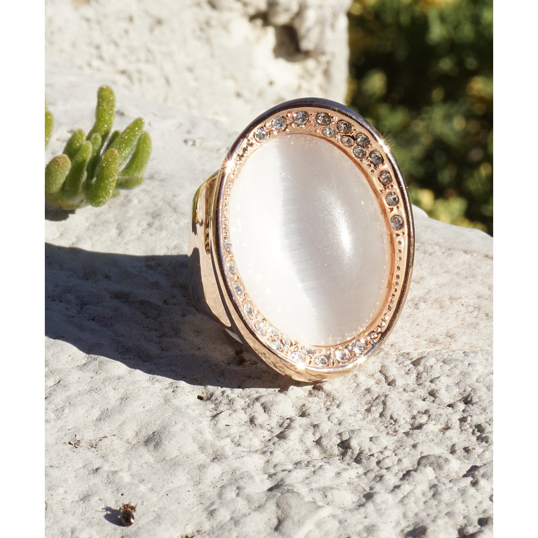 Large Oval Moonstone Set in a Wide Rose Gold Plated Band with Pave Rhinestone Cocktail Ring Image 3