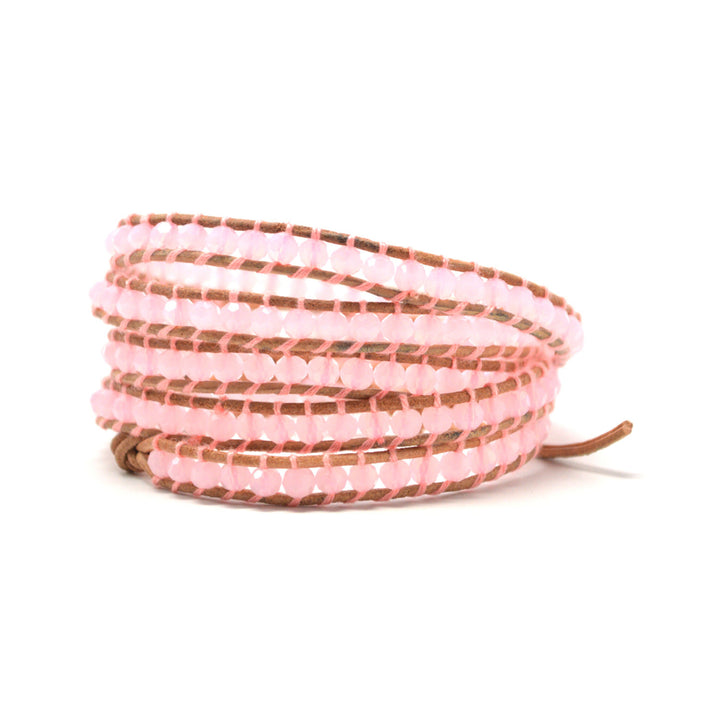 The Sweetheart - 34" Baby Pink Beaded Light Brown Leather Wrap Bracelet Image 1