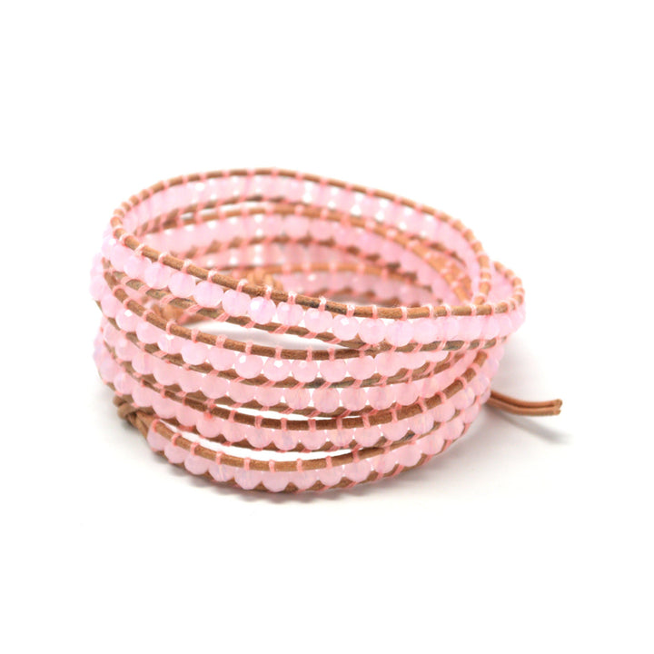 The Sweetheart - 34" Baby Pink Beaded Light Brown Leather Wrap Bracelet Image 2