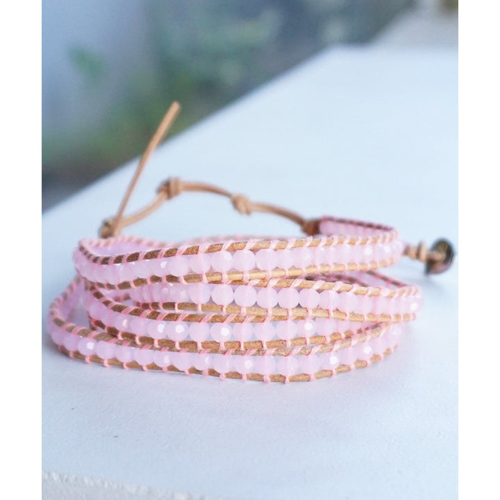 The Sweetheart - 34" Baby Pink Beaded Light Brown Leather Wrap Bracelet Image 3