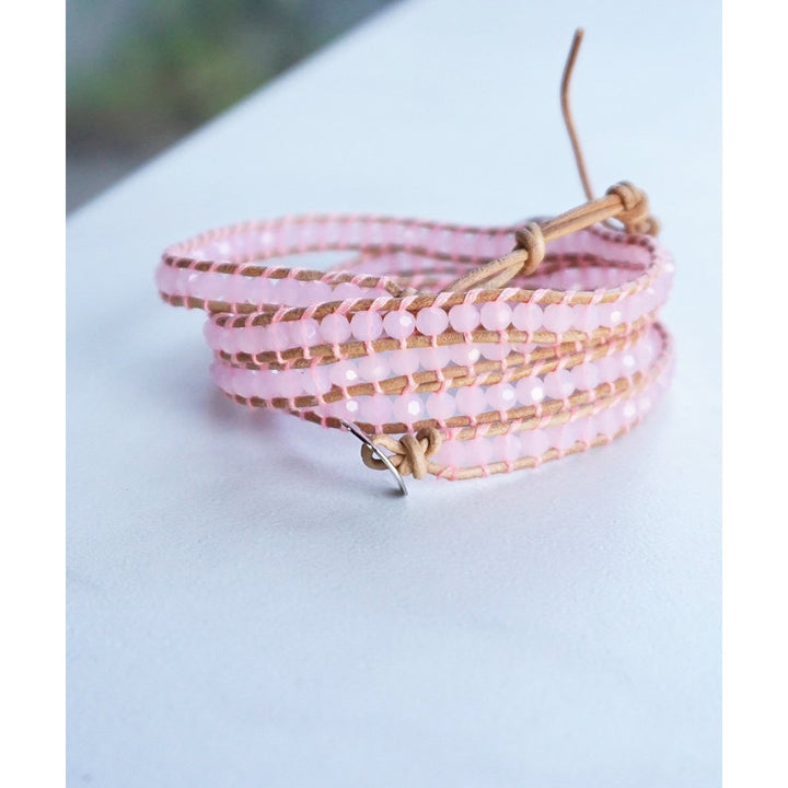 The Sweetheart - 34" Baby Pink Beaded Light Brown Leather Wrap Bracelet Image 4