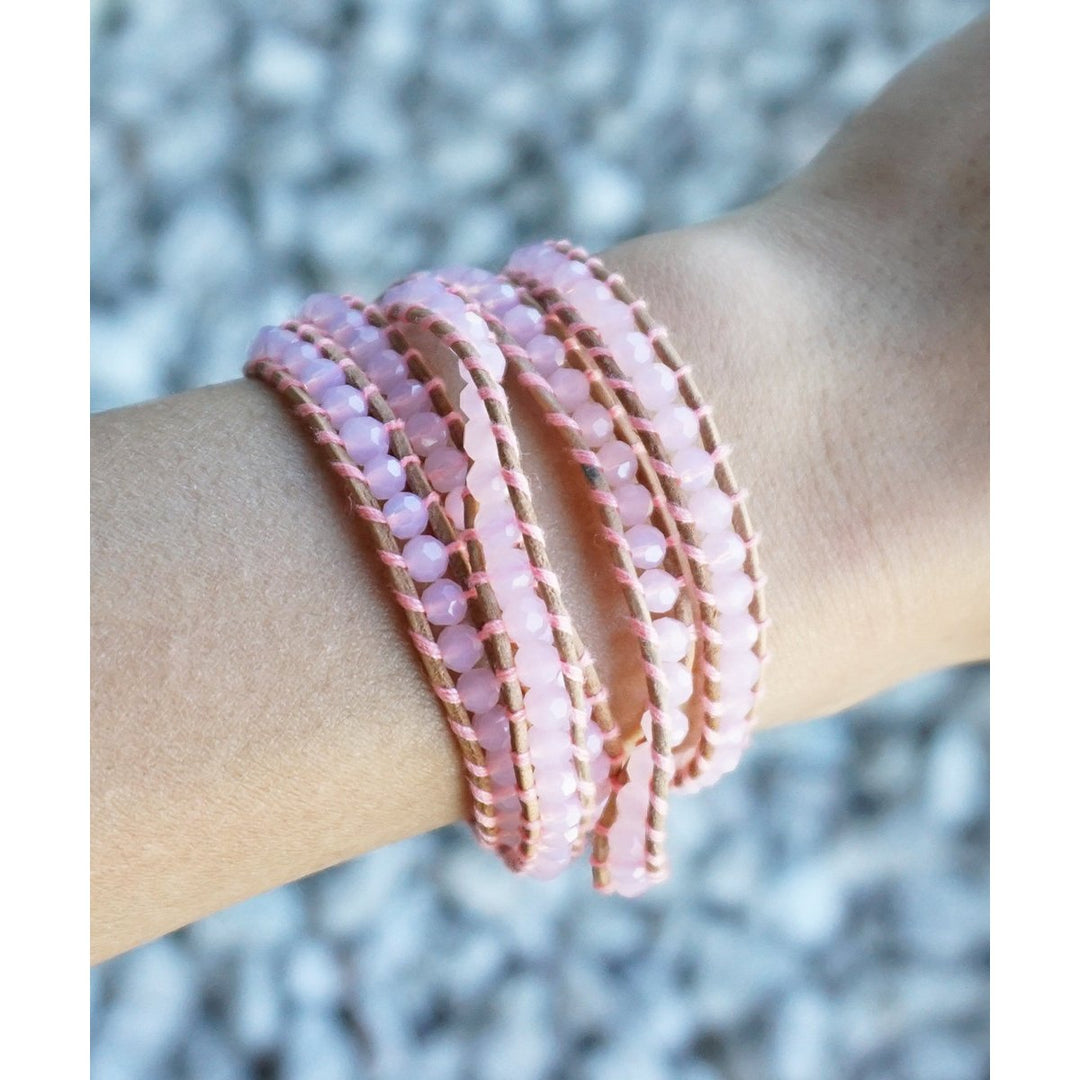 The Sweetheart - 34" Baby Pink Beaded Light Brown Leather Wrap Bracelet Image 4