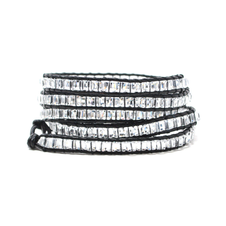 The Looking Glass - 34" Clear Square Beaded Black Leather Wrap Bracelet Image 1