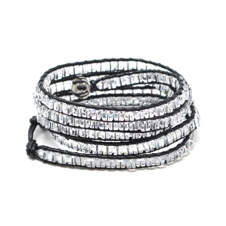 The Looking Glass - 34" Clear Square Beaded Black Leather Wrap Bracelet Image 2